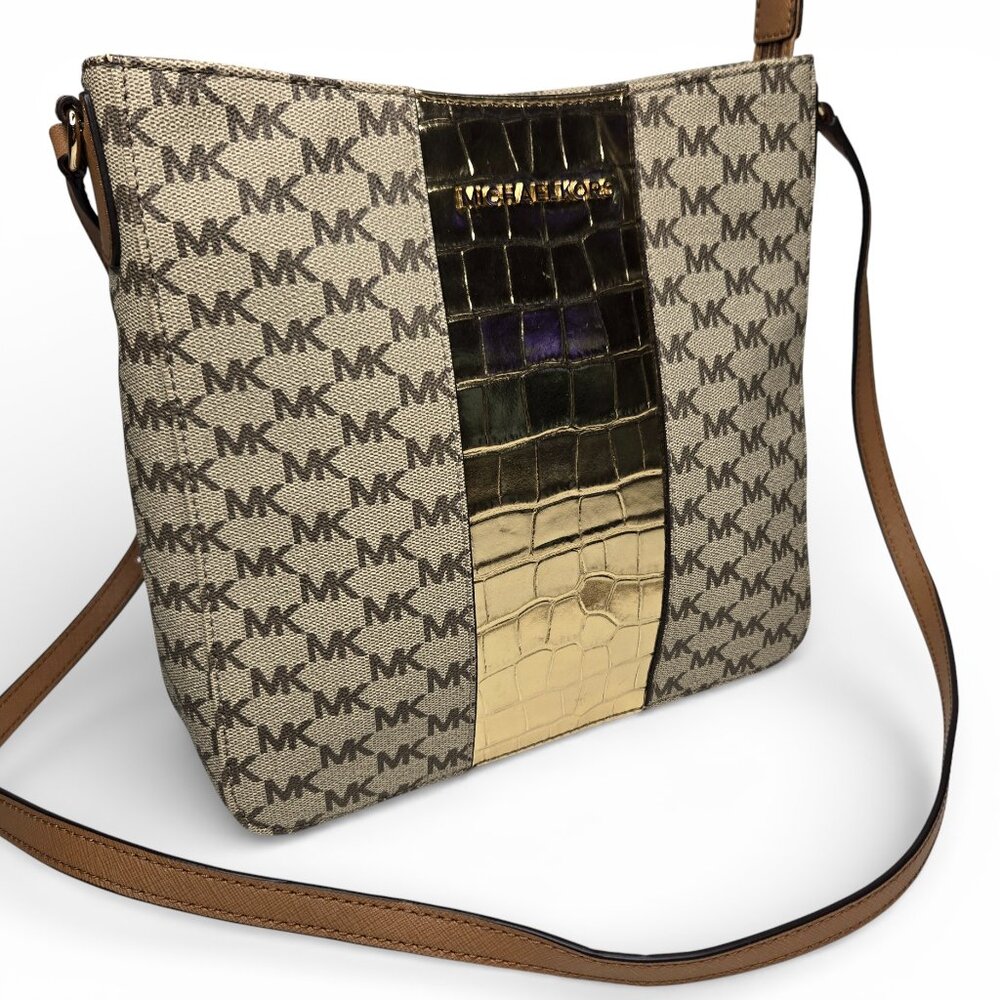 NWT Michael Kors Center Stripe Crossbody Purse Metallic Pale Gold Croc Embossed